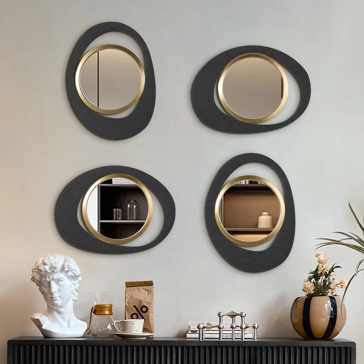 Abstract Wall Mirror, Matte Black and Gold, Horizontal or Vertical — image 5