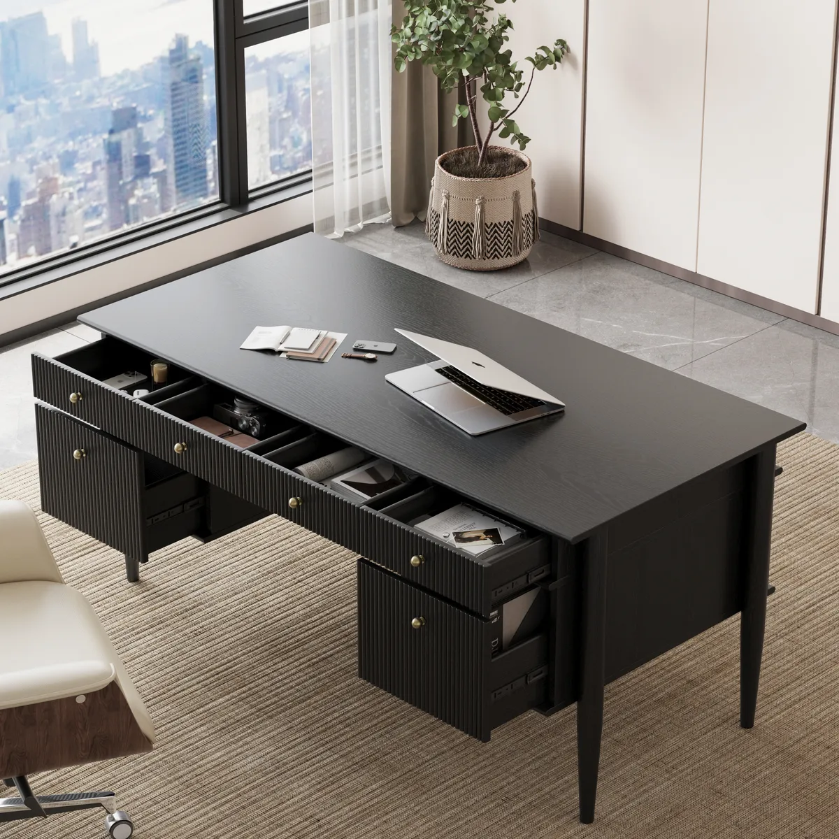 Mid-Century Solid Wood Home Office Desk with 6 Drawers