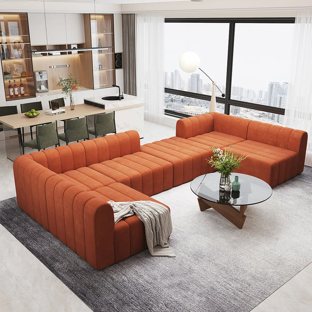118.9" Velvet Convertible Modular Sectional Sofa Orange Upholstered 6-Seater Sofa Set — image 13