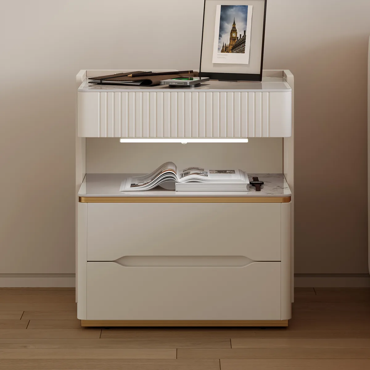 Modern Smart Nightstand with Wireless Charger & Sensor Light & Bluetooth Speakers Sintered Stone Bedisde Table — image 3