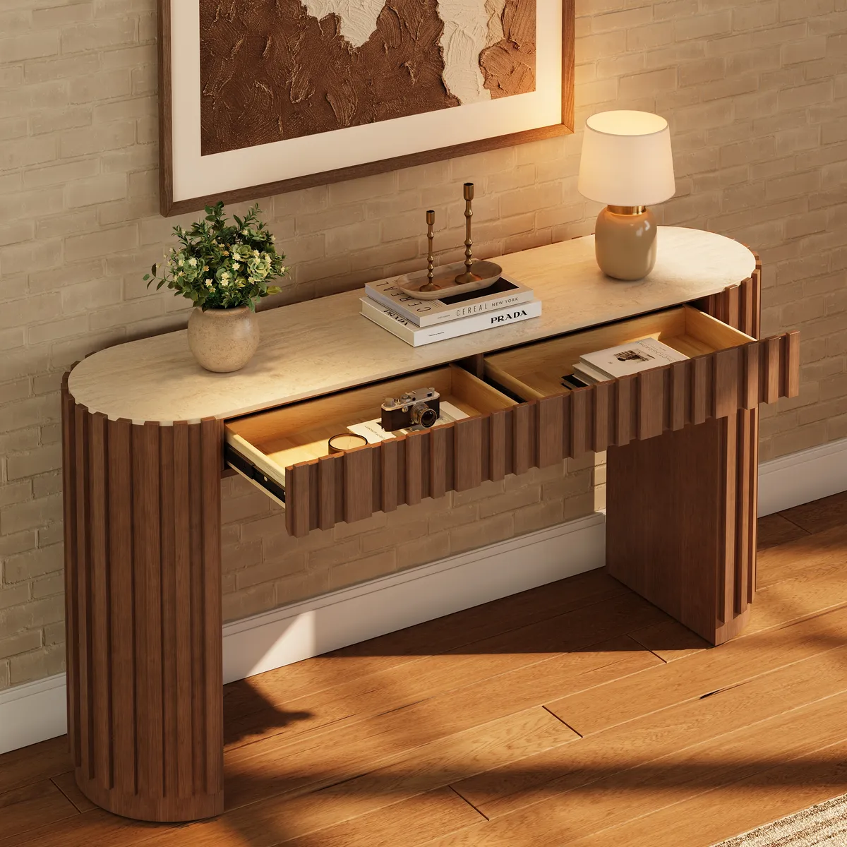 Aura 60" Ash Wood Fluted Black Console Table With Sintered Stone Top — image 24