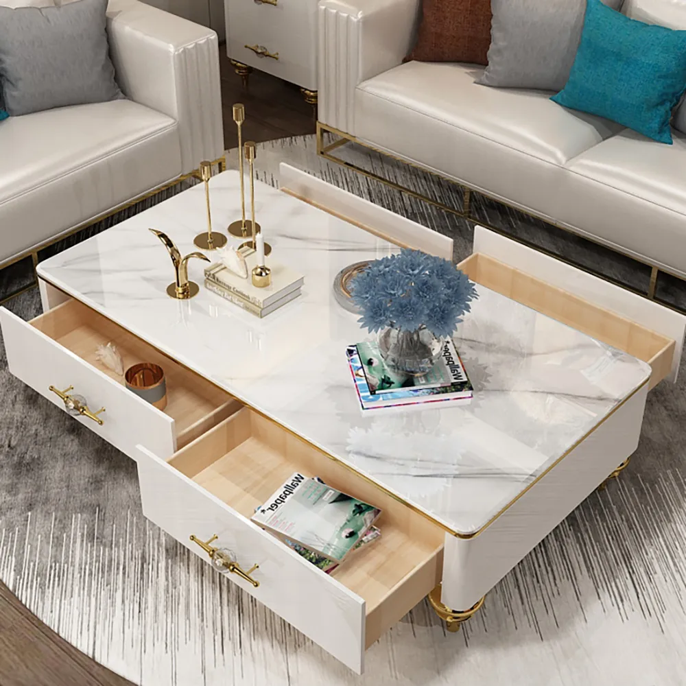 Chift 51.2" Modern Marble Coffee Table & Storage Drawers Gold Stainless Steel Legs — image 2