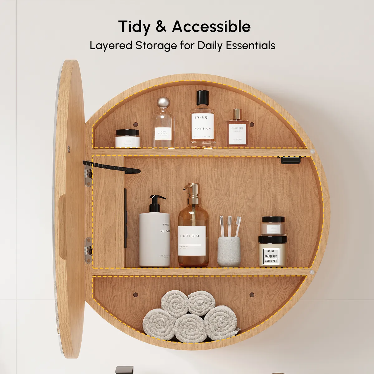 24" Round LED Walnut Medicine Cabinet with Storage, Anti-Fog, Dimmable — image 16