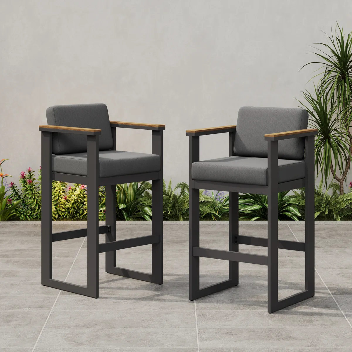 Tevara Outdoor Aluminum Frame & Teak Wood Armrest Bar Stools — image 3
