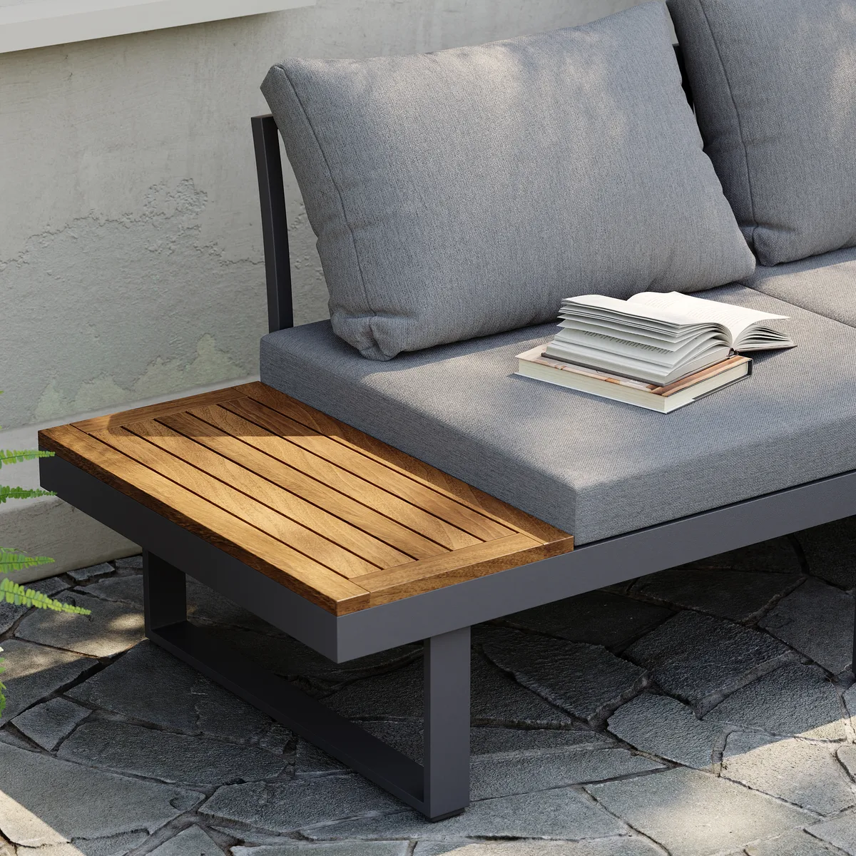Slatera Outdoor Acacia & Aluminum Modular Sofa Set in Dark Gray with Black Cover — image 26