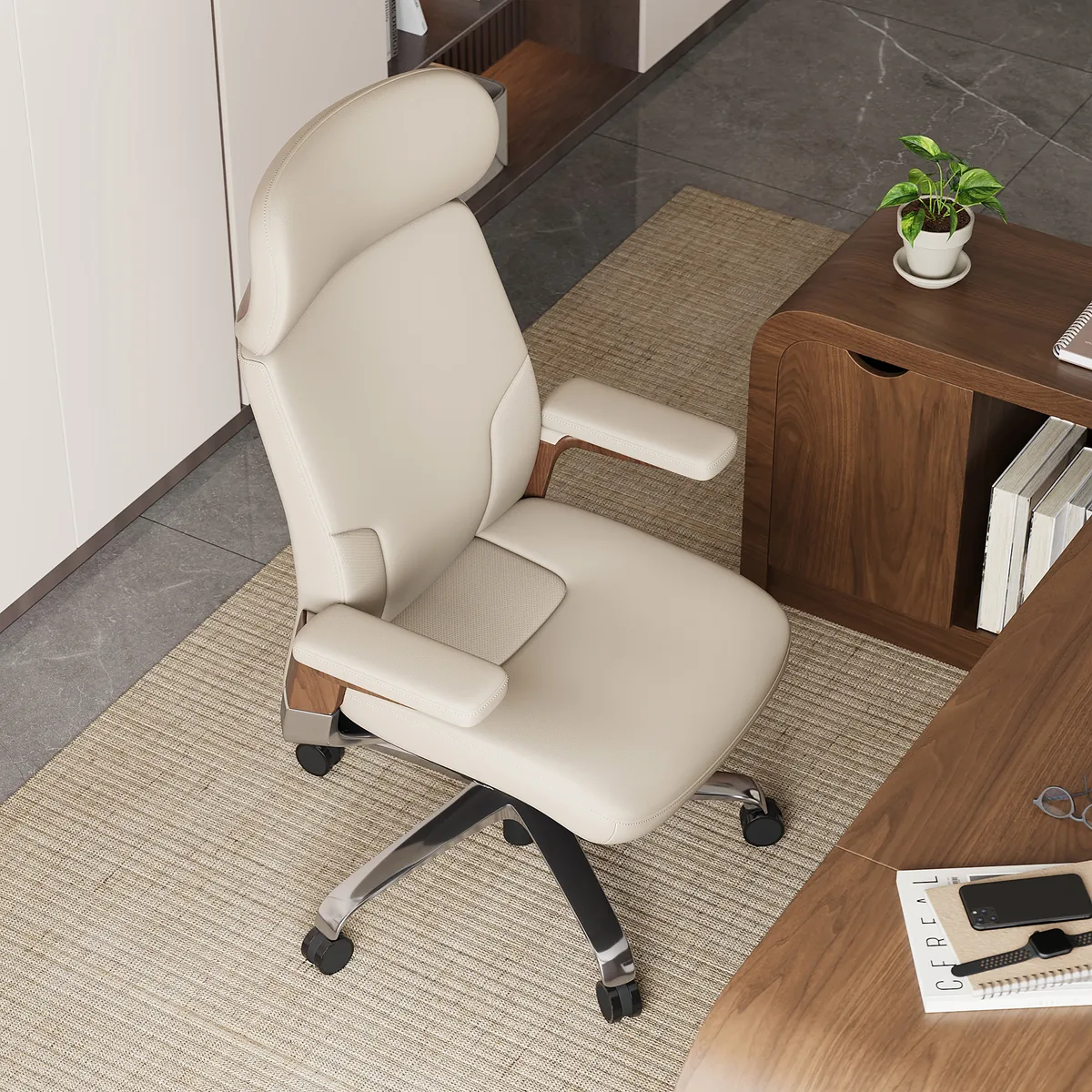 Black Genuine Leather Swivel Office Chair with Ergonomic Synchro-Tilt Recline System — image 13