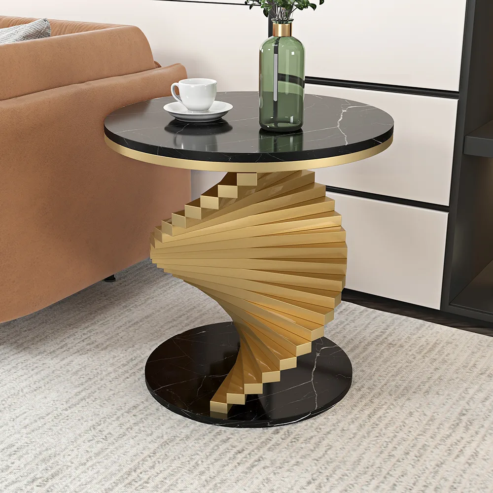 Round Marble Tabletop End Table with Metal Frame Modern Black & Gold Side Table — image 14
