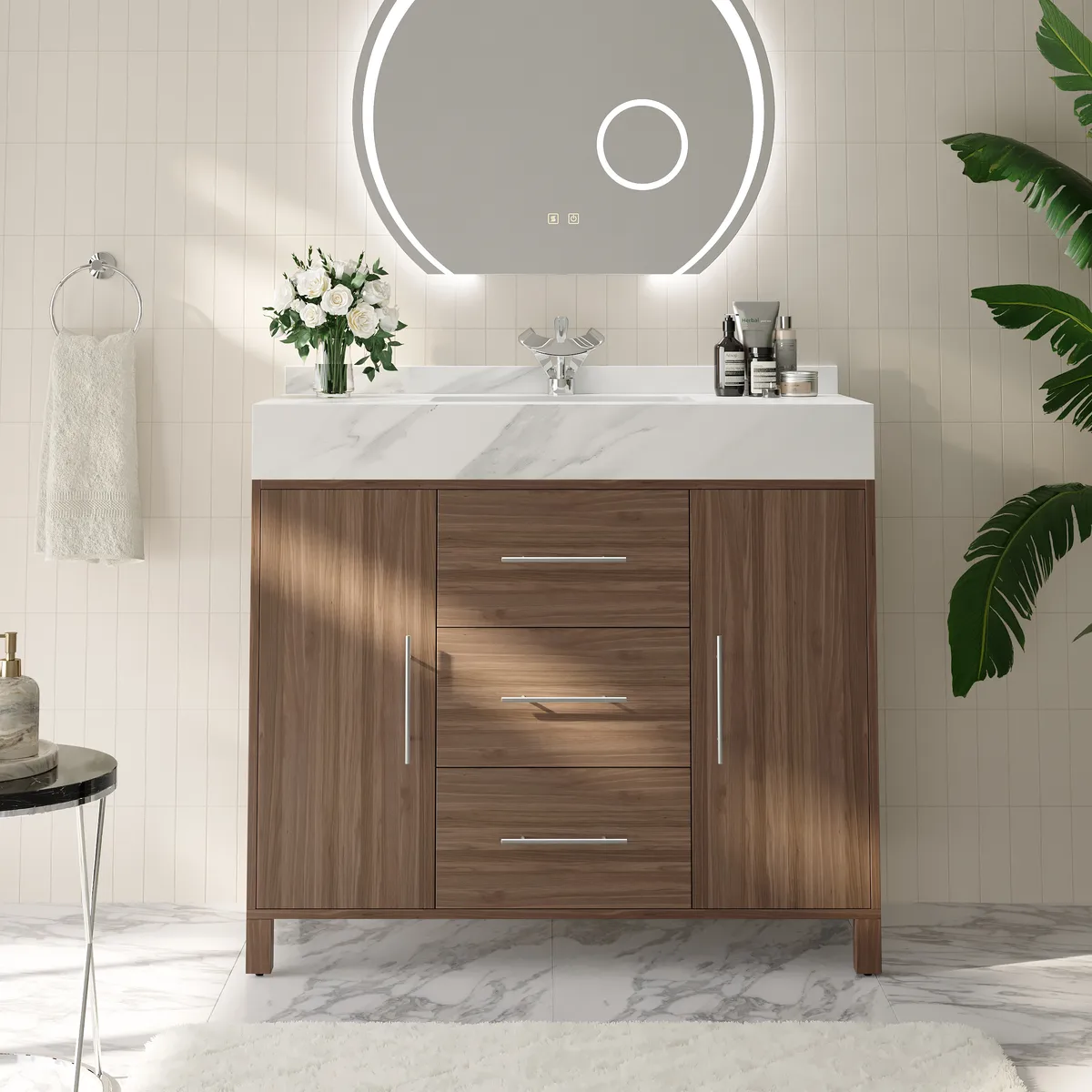 39" Walnut Freestanding Bathroom Vanity Sintered Stone Top & Silver Handles — image 13