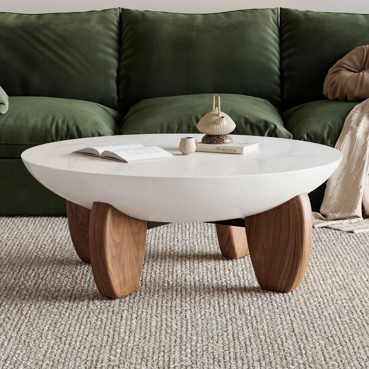 Curva Round Concrete Walnut Coffee Table with Wood Legs — image 12