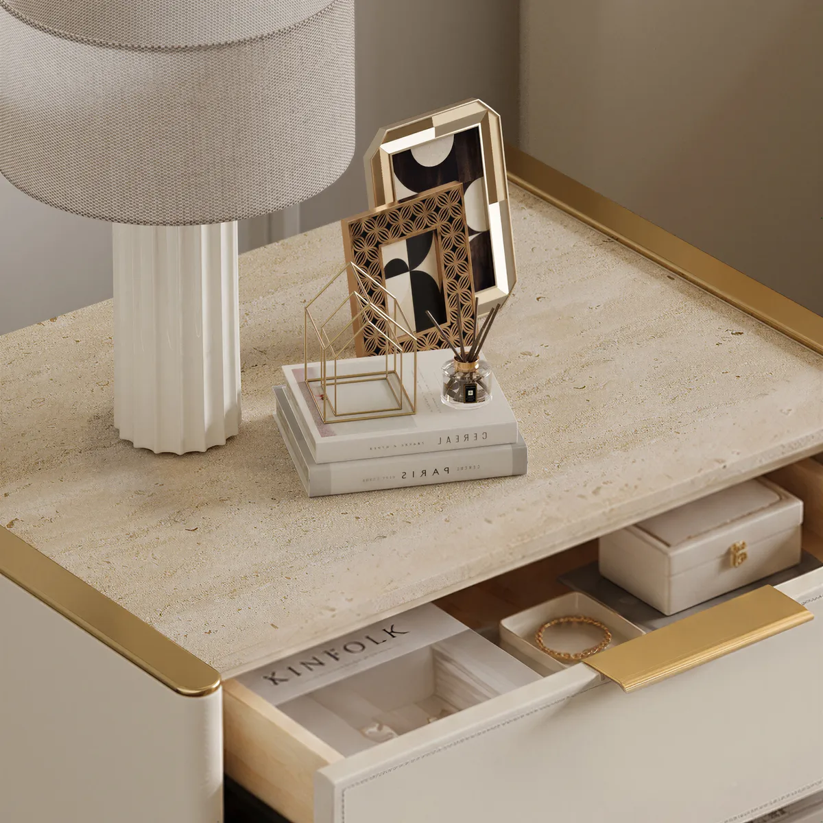Modern Saddle Leather 2-Drawer Nightstand with Faux Travertine Stone Top — image 9