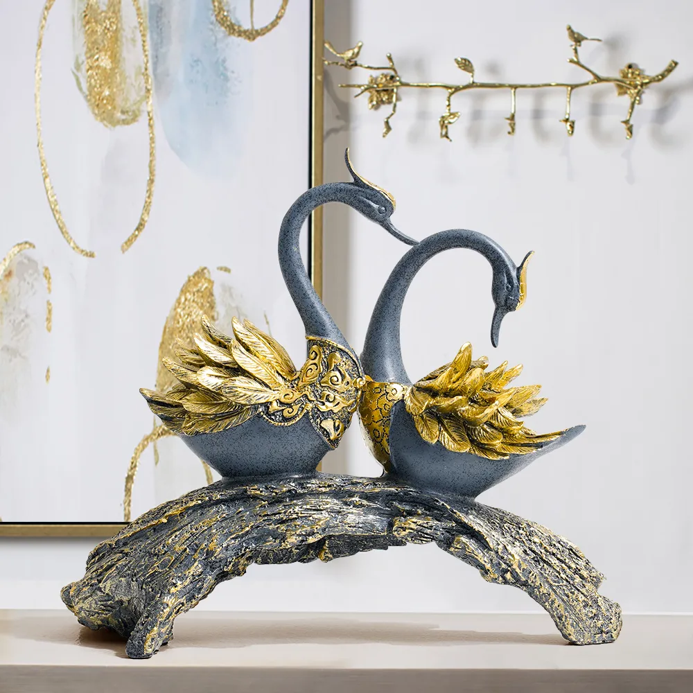 Swan Couple Resin Sculpture in Black & Silver for Home Table Decor — image 4