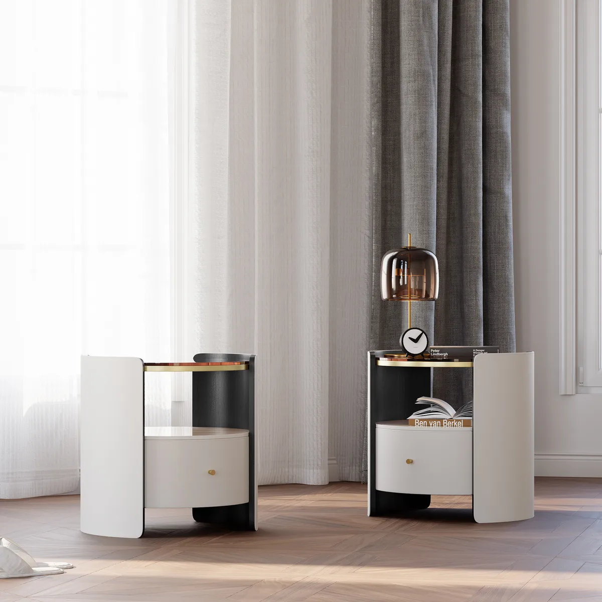 Modern Round Gray Leather Nightstand with Glass Top & Sintered Stone Bedside — image 14