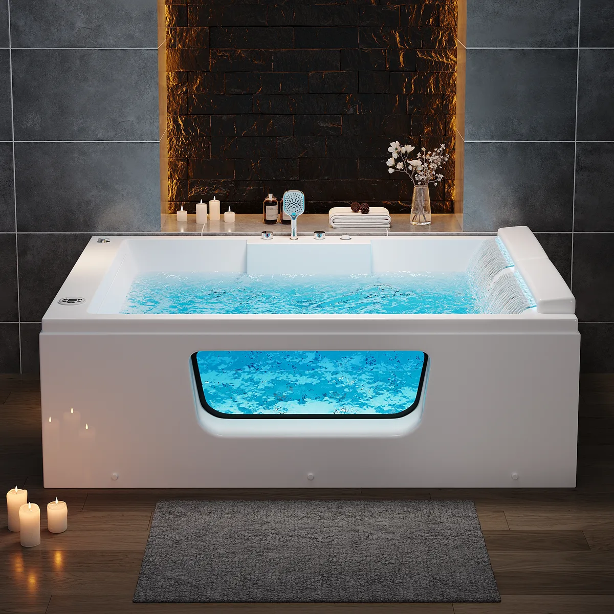 74.4" Acrylic Jetted Whirlpool Bathtub with Thermostat Control & LED-Lit Waterfall Pillow — image 4