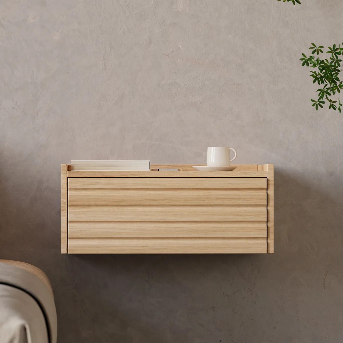 Wooden Floating Nightstand Modern Bedside Table with Charging Station Japanese Style — image 17