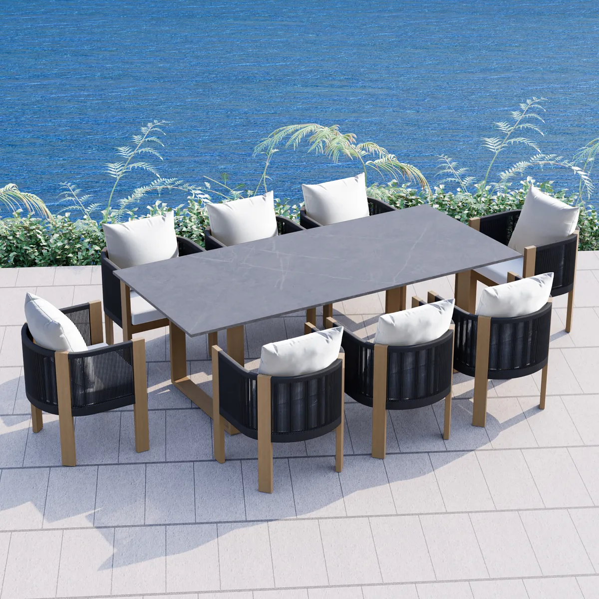 7 PCS 70.9" Faux Marble Outdoor Dining Table Set with Woven Rope Chairs in Gray for 6 Person Patio & Yard Large Marble Outdoor Dining Table with Chair — image 11