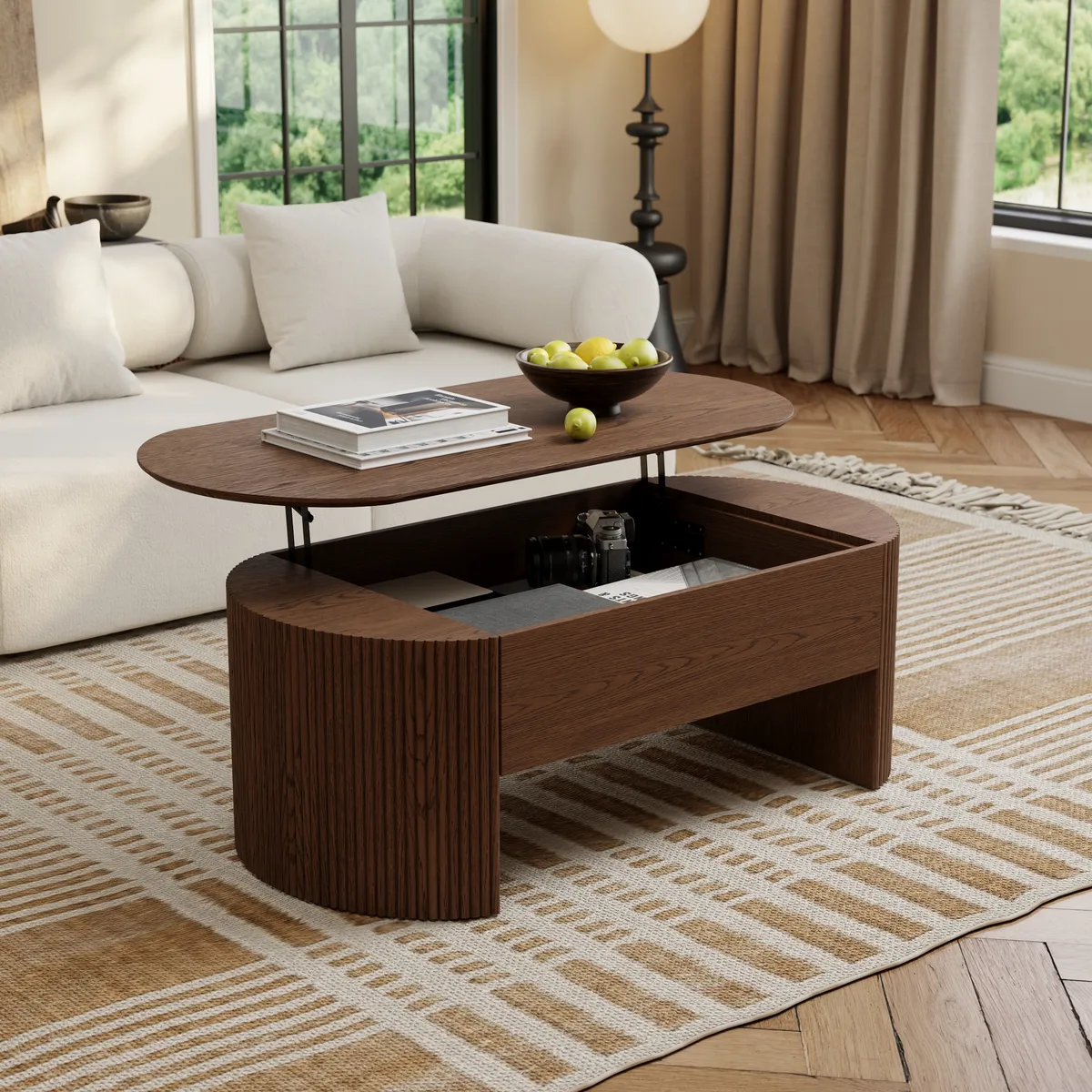47" Oval Lift Top Mid-Century Modern Coffee Table