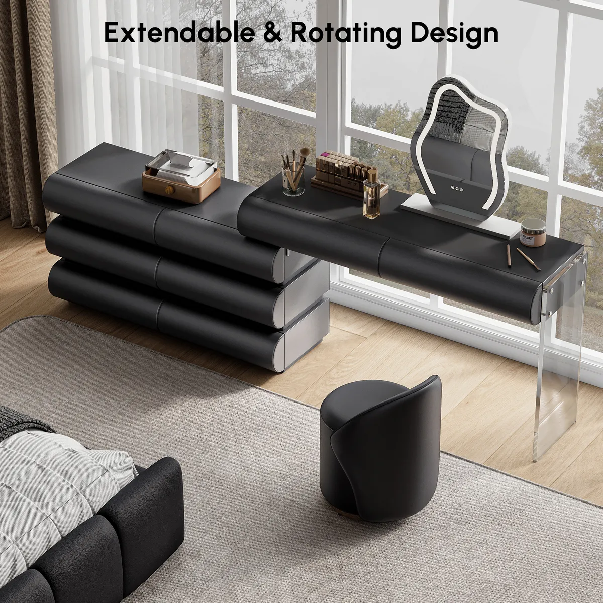 modern white PU leather dressing table set with stool and LED mirror — image 8