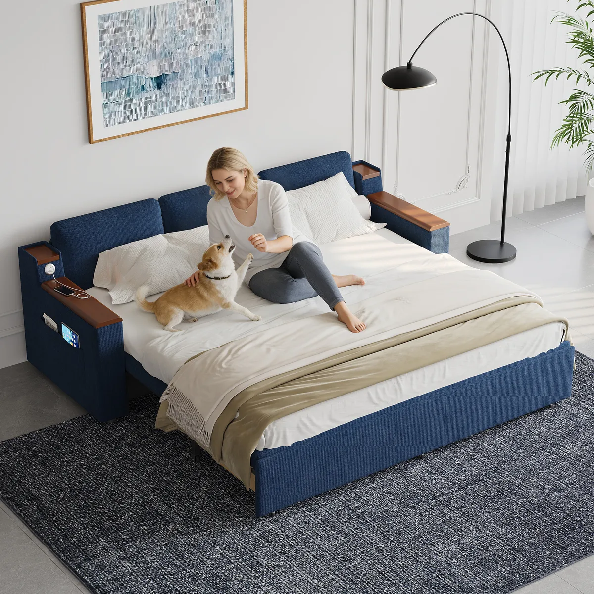 King Size Daybed with Trundle Linen Pull Out Sofa Bed — image 7