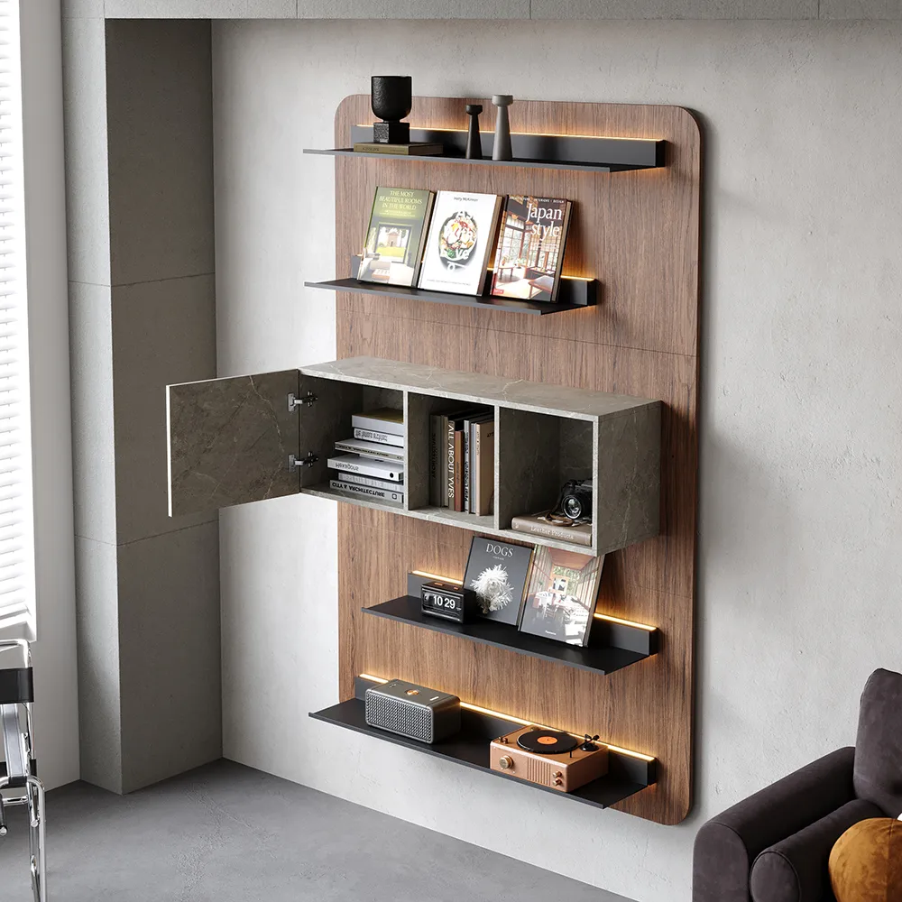 5-Tier Modern Walnut Floating Bookshelf with Storage and LED Bookcase — image 3
