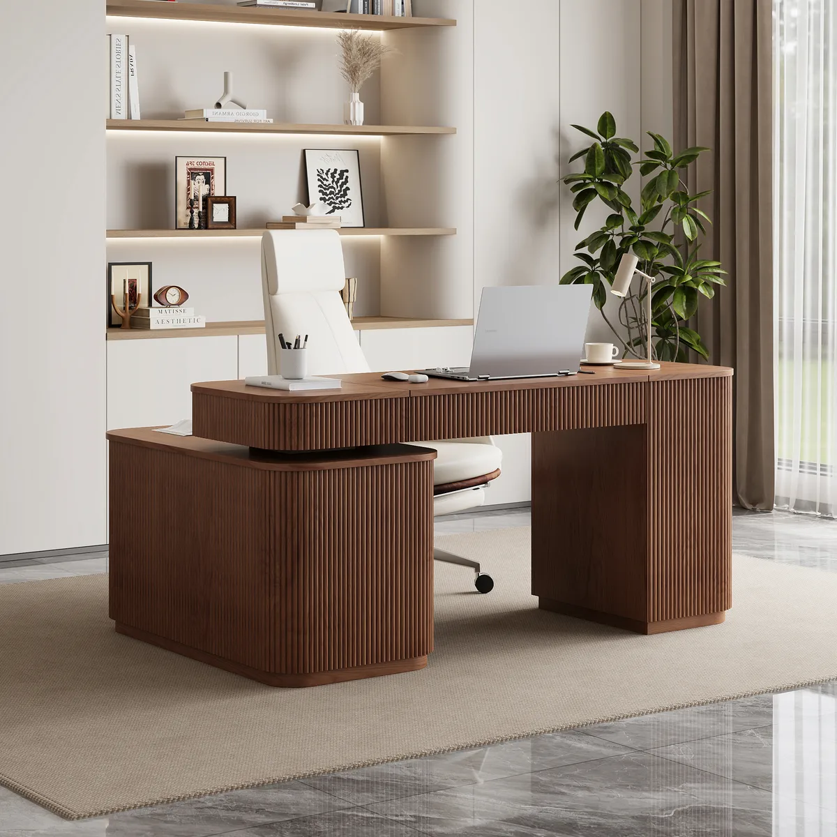 Modern 65" L-Shape Natural Executive Desk with Right-Side Cabinet — image 23