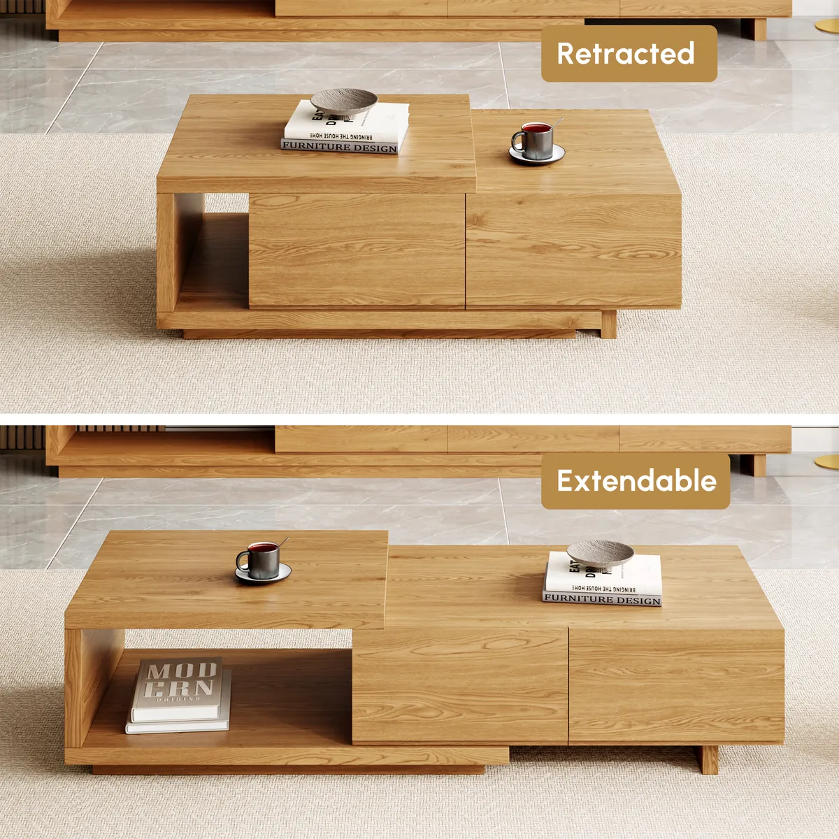 Quoint 68.9" Modern White Coffee Table Retracted & Extendable with 2-Drawer — image 20