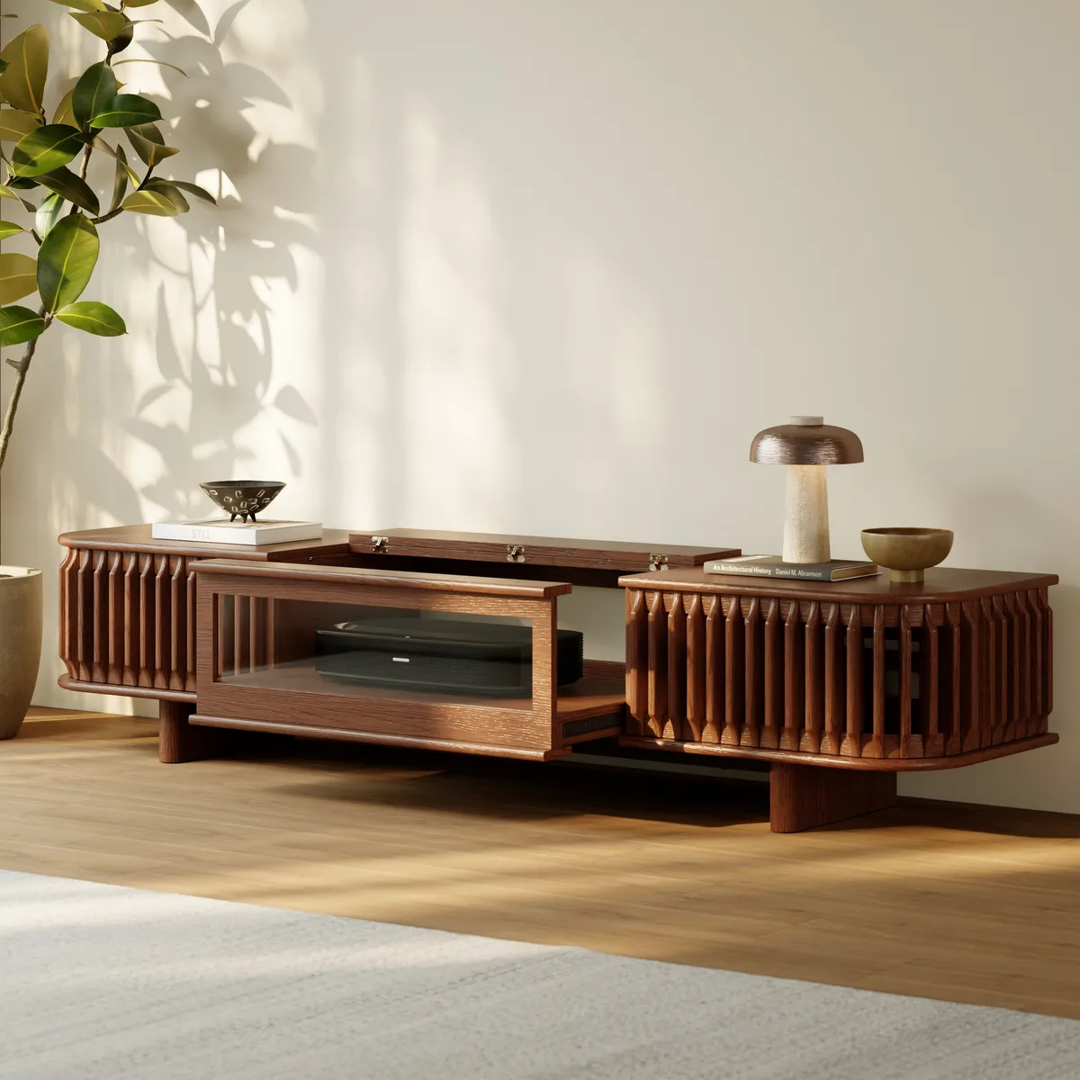 80" Ash Wood Fluted Walnut Projector TV Stand with LED — image 4