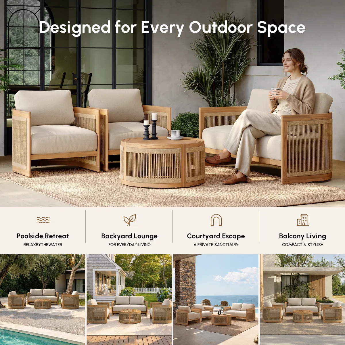 4-Piece Outdoor Teak & Rope Weave Sofa Set with Coffee Table — image 7