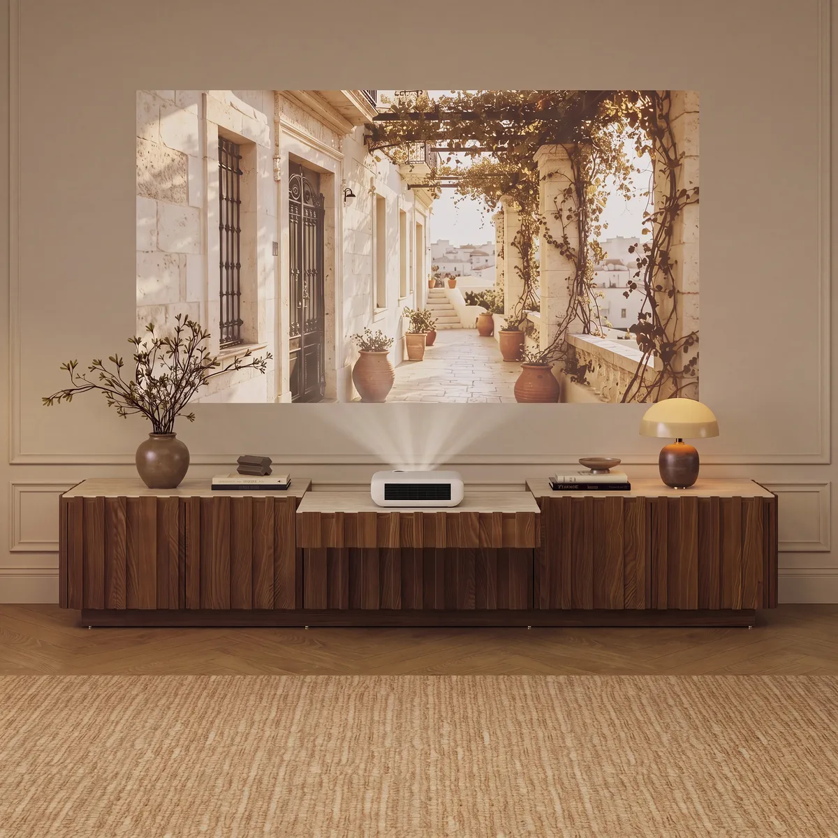 Aura 80" Ash Wood Fluted Walnut Projector TV Stand with Sintered Stone Top — image 2