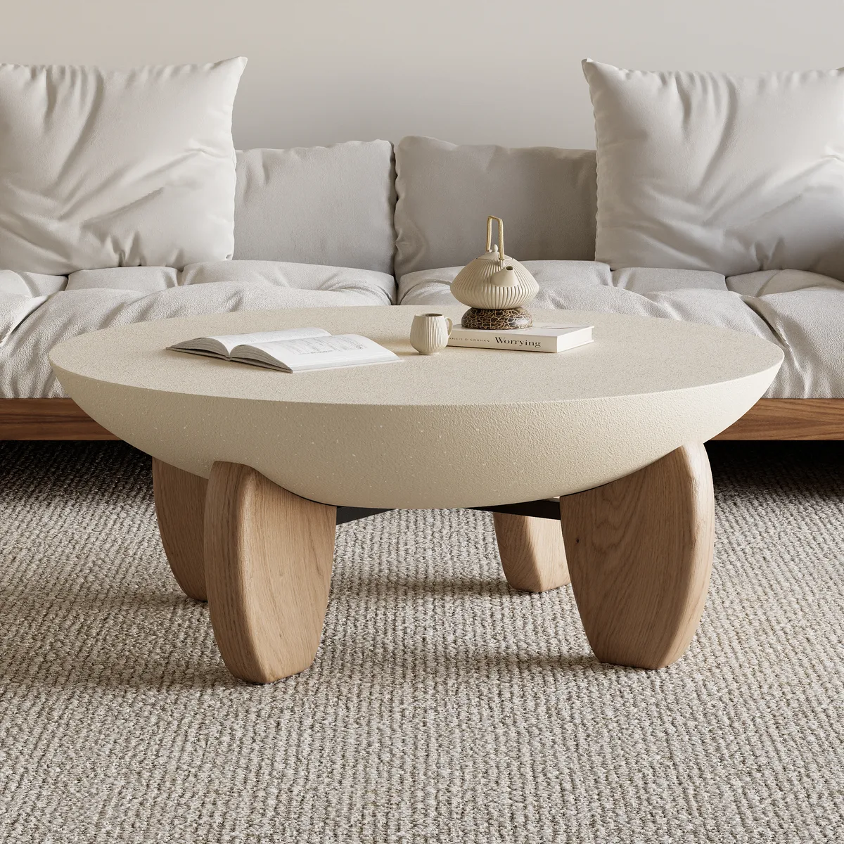 Curva Round Concrete Walnut Coffee Table with Wood Legs — image 23