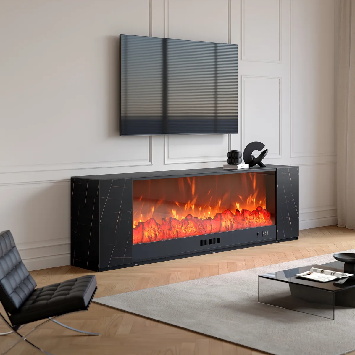 87" Modern White Marble Veneer Sintered Stone Electric Fireplace TV Stand with Remote Control Temperature Adjustable Coffee Table Set — image 15
