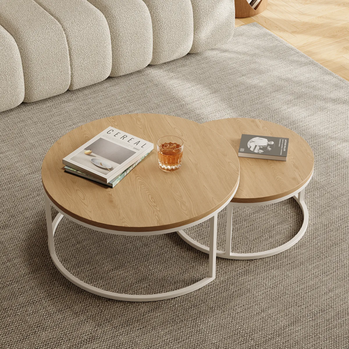 Fero Round Nesting Coffee Table Set of 2, Light Oak Top & White Metal Frame, Modern Scandinavian Style, for Living Spaces, (800mm-600mm) — image 8