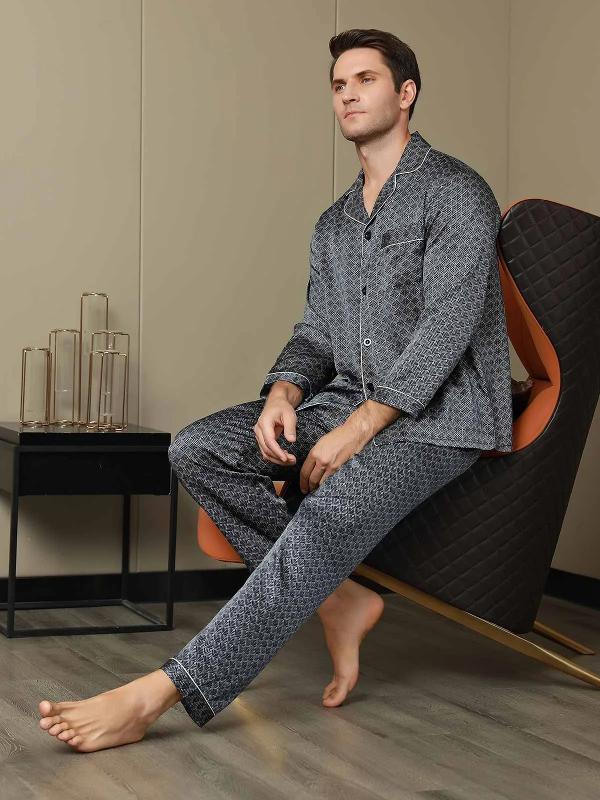 100% Mulberry Silk Ginkgo Print Long Sleeve Men's Pajamas Set With Pants — image 3