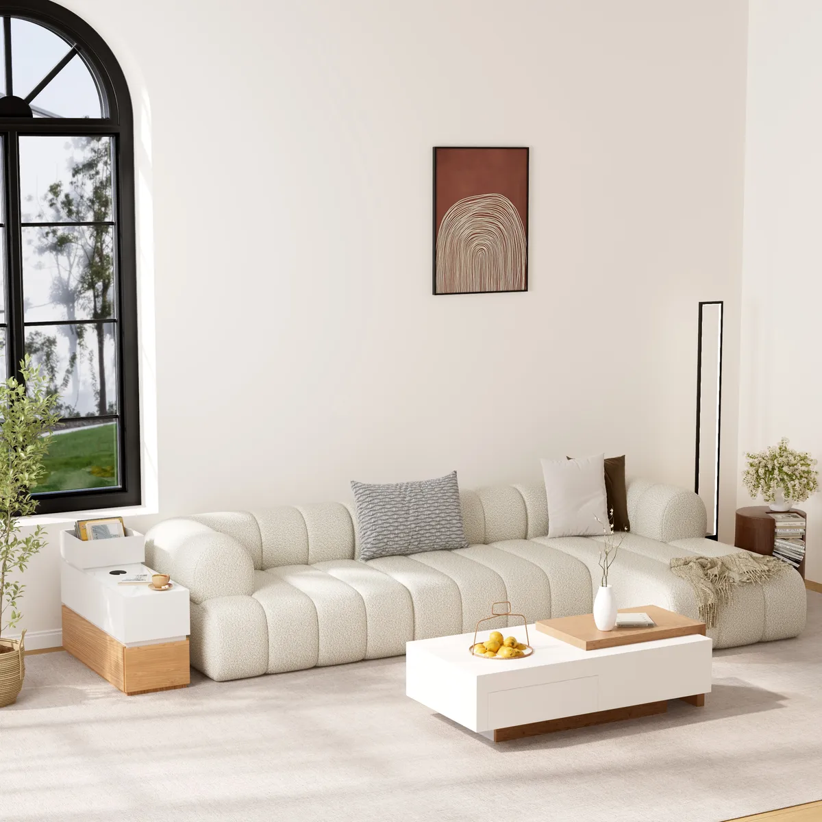 Travertine Stone Top Narrow Smart Side Table with Storage Modern Walnut End Table with USB Charging — image 25