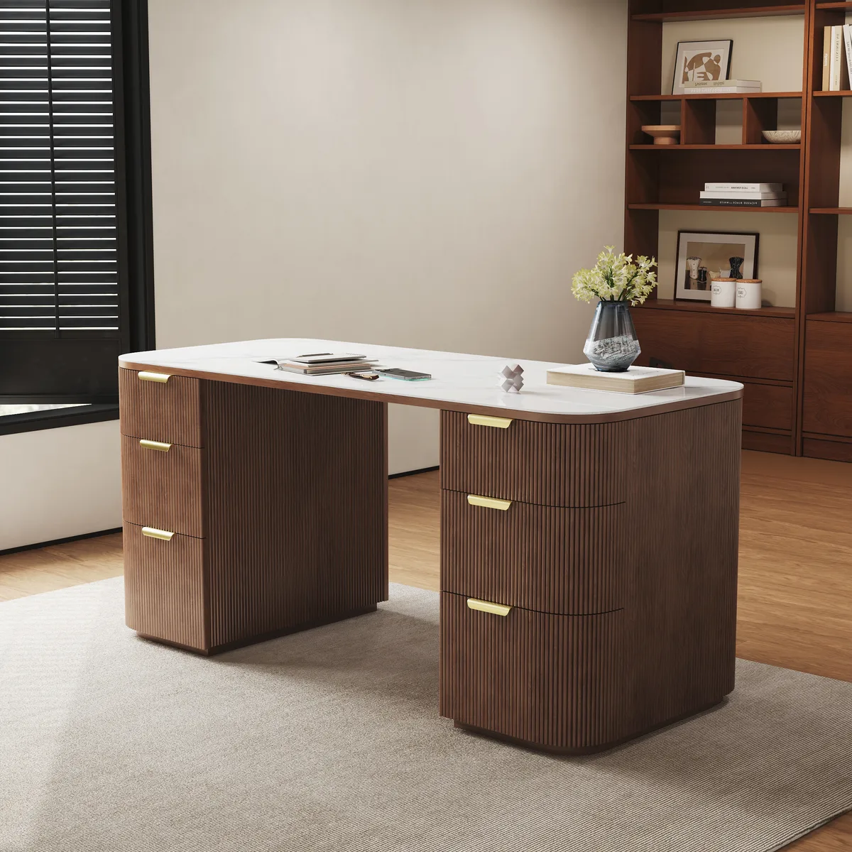 Walnut Ash Wood & Sintered Stone Rectangle Desk with 6 Drawers (63.8")