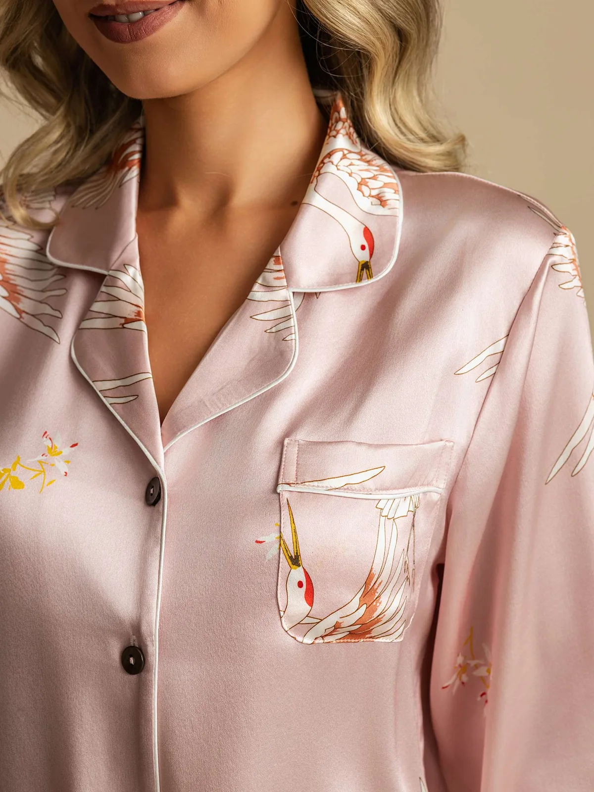19Momme 100% Mulberry Silk Crane Print Women's Long Sleeve Notch Collar Pajamas Set — image 4