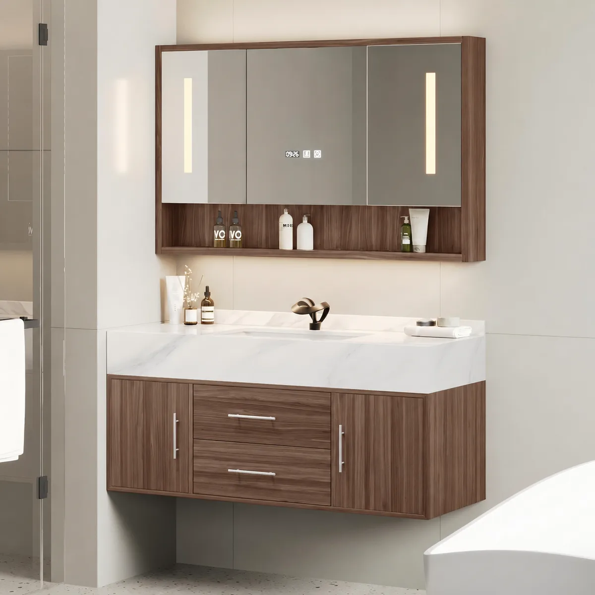39.3" Walnut Bathroom Vanity & LED Medicine Cabinet Set — image 2