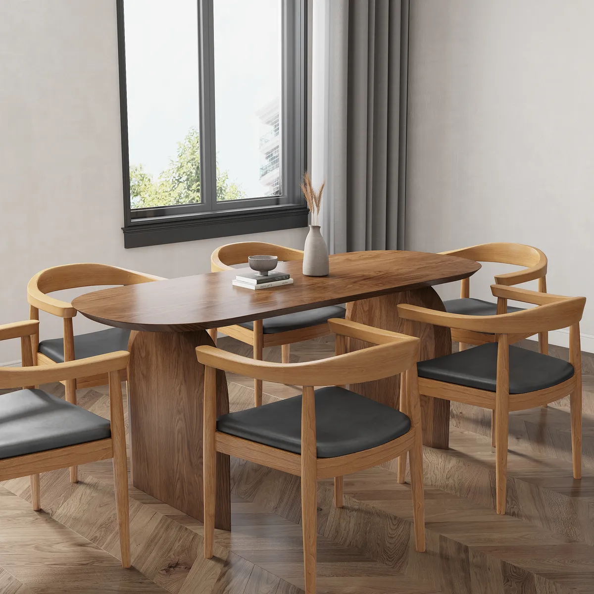 Dining Table Set 70.9" Oval Solid Wood Dining Table & 4 Walnut Japandi Rattan Dining Chairs — image 21