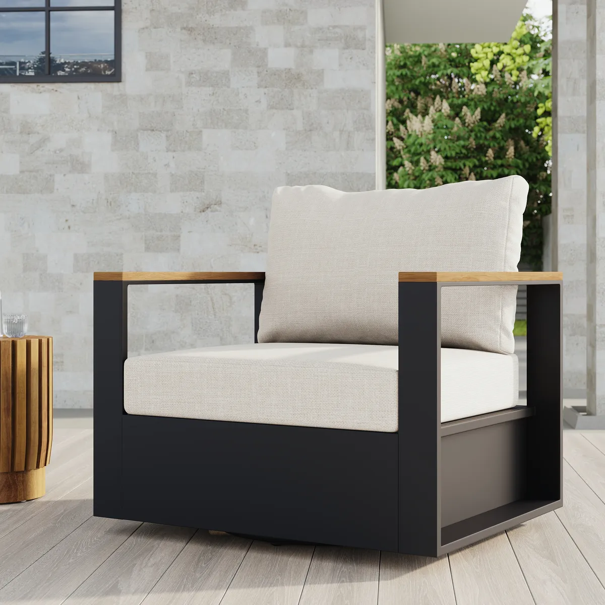 Tevara Teak & Aluminum Outdoor Swivel Chair Modern Yard & Patio Furniture in Gray Cushion Included