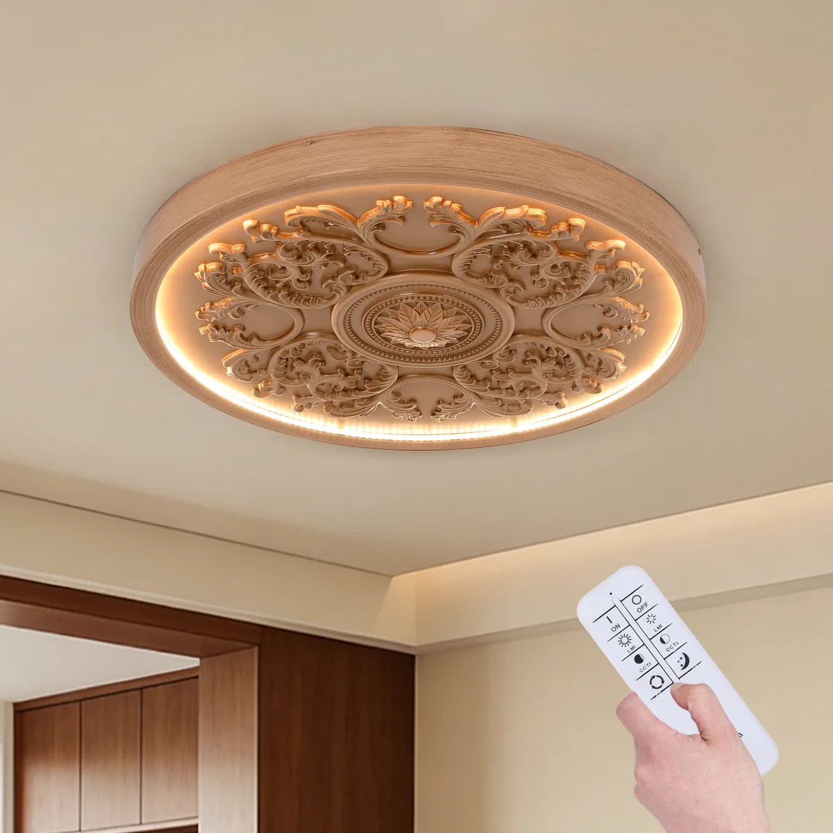 French Elegant White Resin 3D Carved LED Dimmable Flush Mount Ceiling Light — image 11