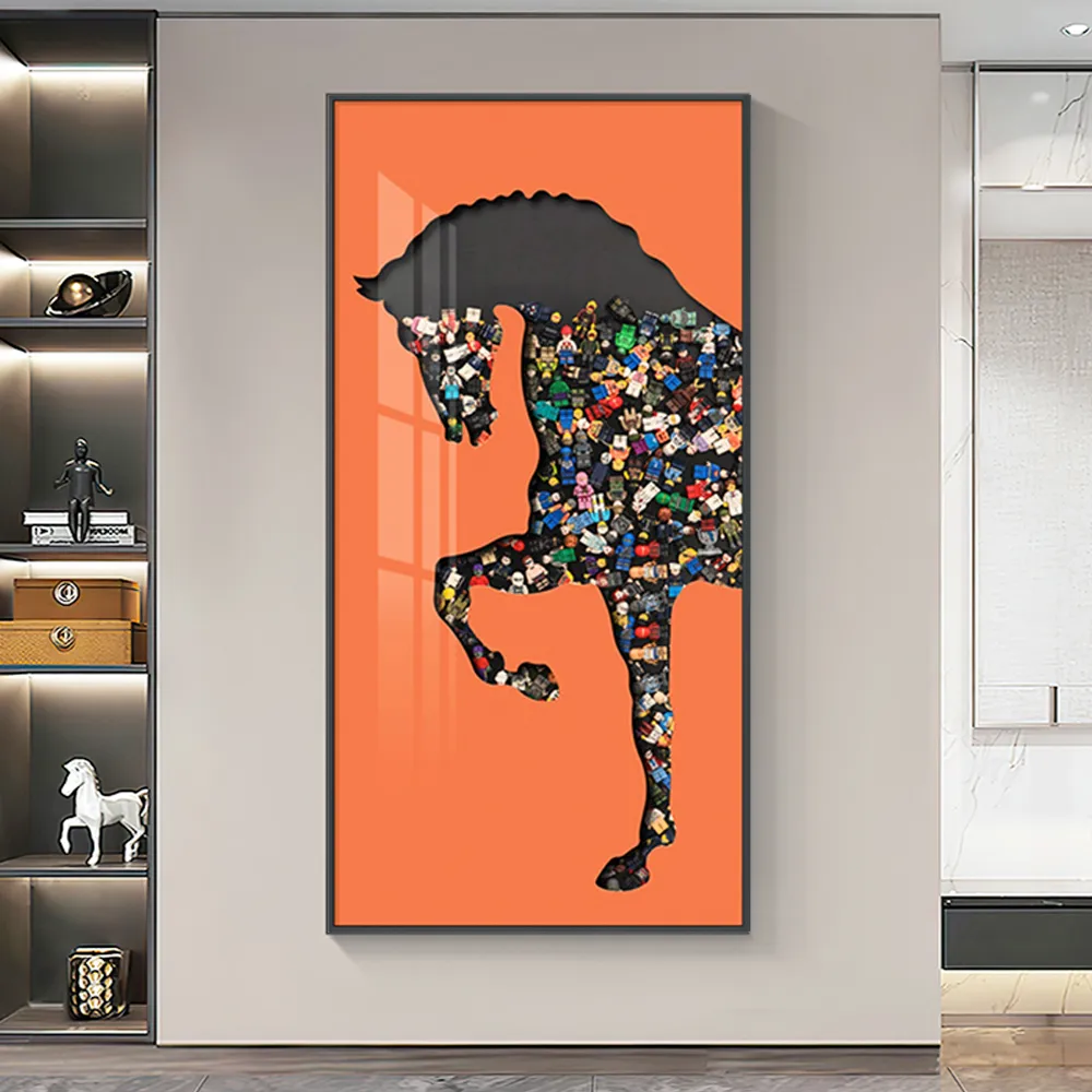 39.4" Rectangle Horse Building Blocks Wall Art Decor with Aluminum Frame Living Room
