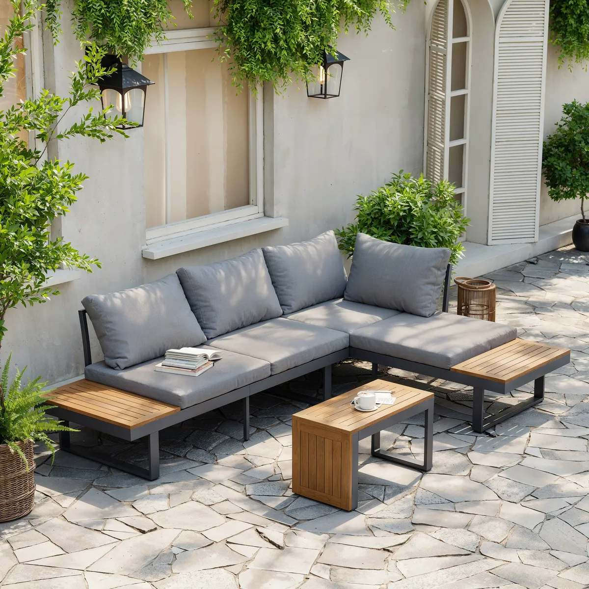 Slatera Outdoor Acacia & Aluminum Modular Sofa Set in Dark Gray with Black Cover