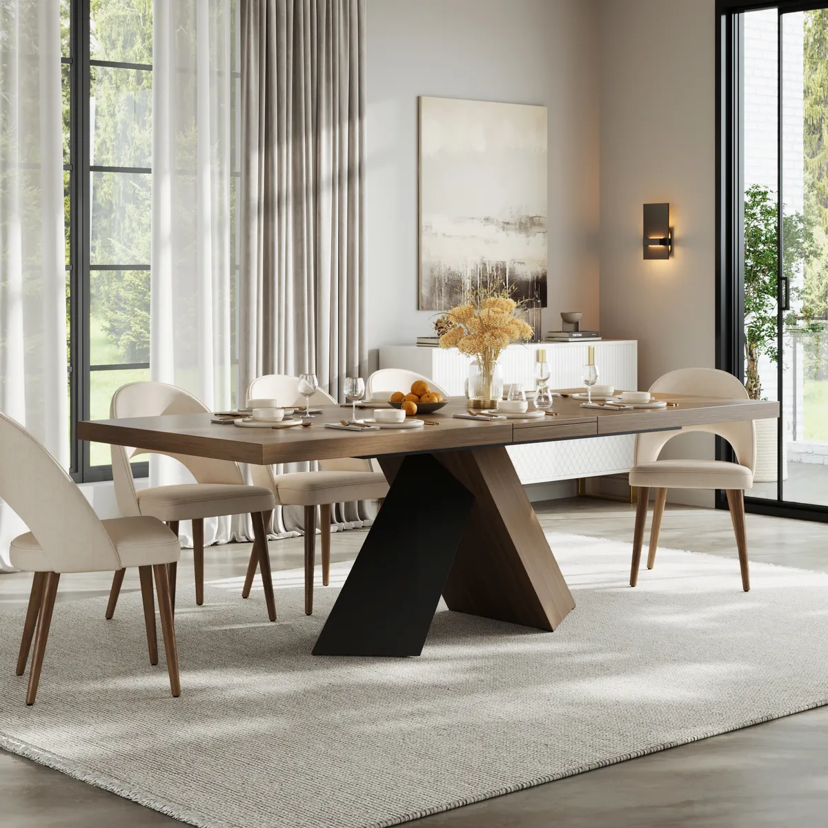 Dining Table Set 64"-79" Rectangle Extendable Dining Table & 4 Archic Japandi Rattan Dining Chairs — image 24