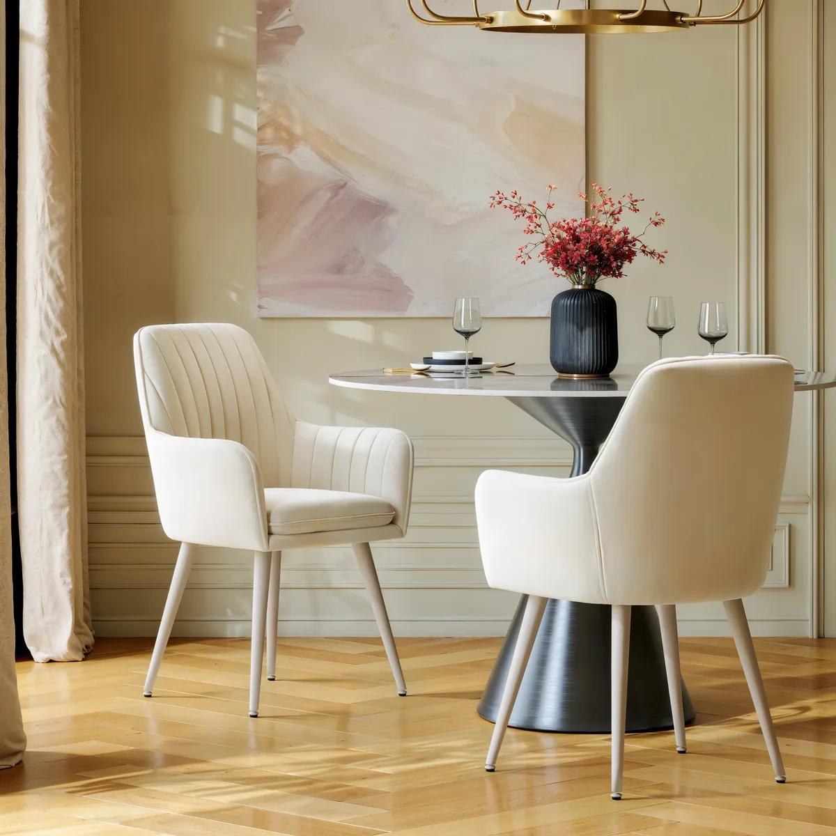 Modern Warm White Velvet Dining Chair with Cushioned Seat — image 3
