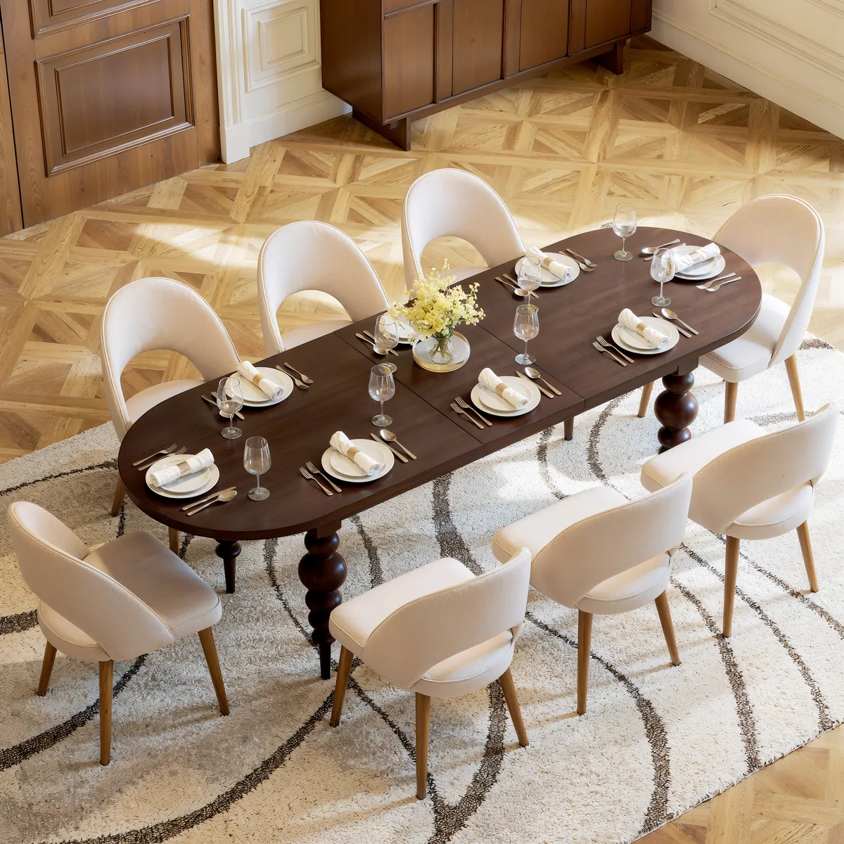 67"-79" Mid-Century Dining Table Oval Extendable Walnut Table for 4-8 Person with Turned Legs — image 29