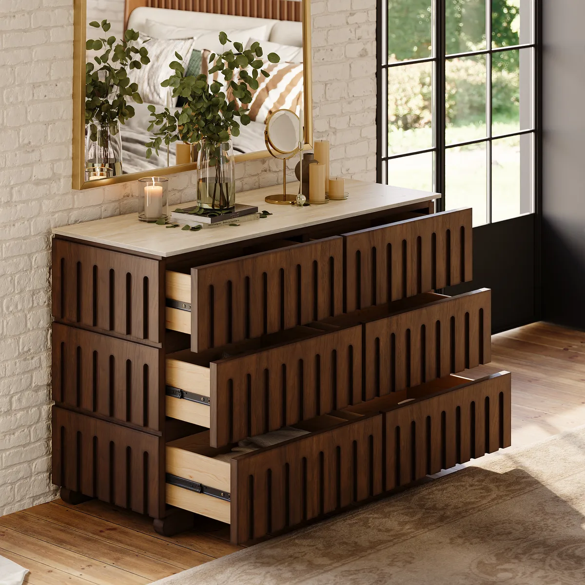 Florva Modern 47” Ash Wood 6 Drawer Dresser with Faux Travertine Sintered Stone Top — image 3