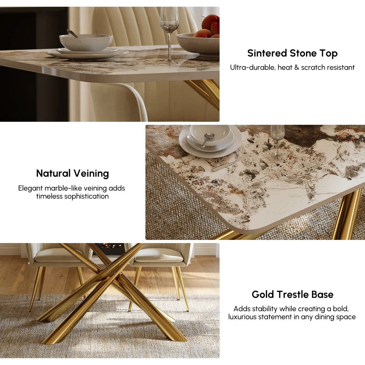 Dining Set 63" Rectangle Glossy Pandora Sintered Stone Dining Table with 4 Chairs — image 15
