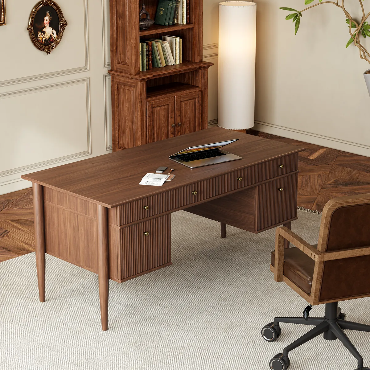 Mid-Century Solid Wood Home Office Desk with 6 Drawers — image 23