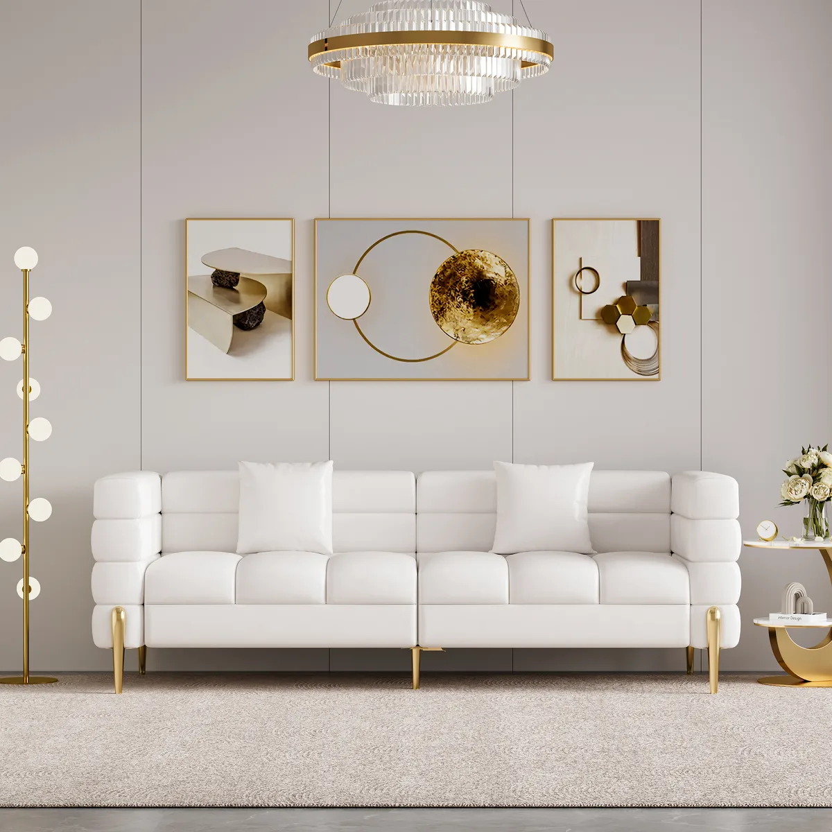Round 2-Piece Nesting Set Sintered Stone Top Beige Coffee Table with Drawer 78.7" Modern White Boucle Upholstered Fluted 3-Seater Sofa — image 15
