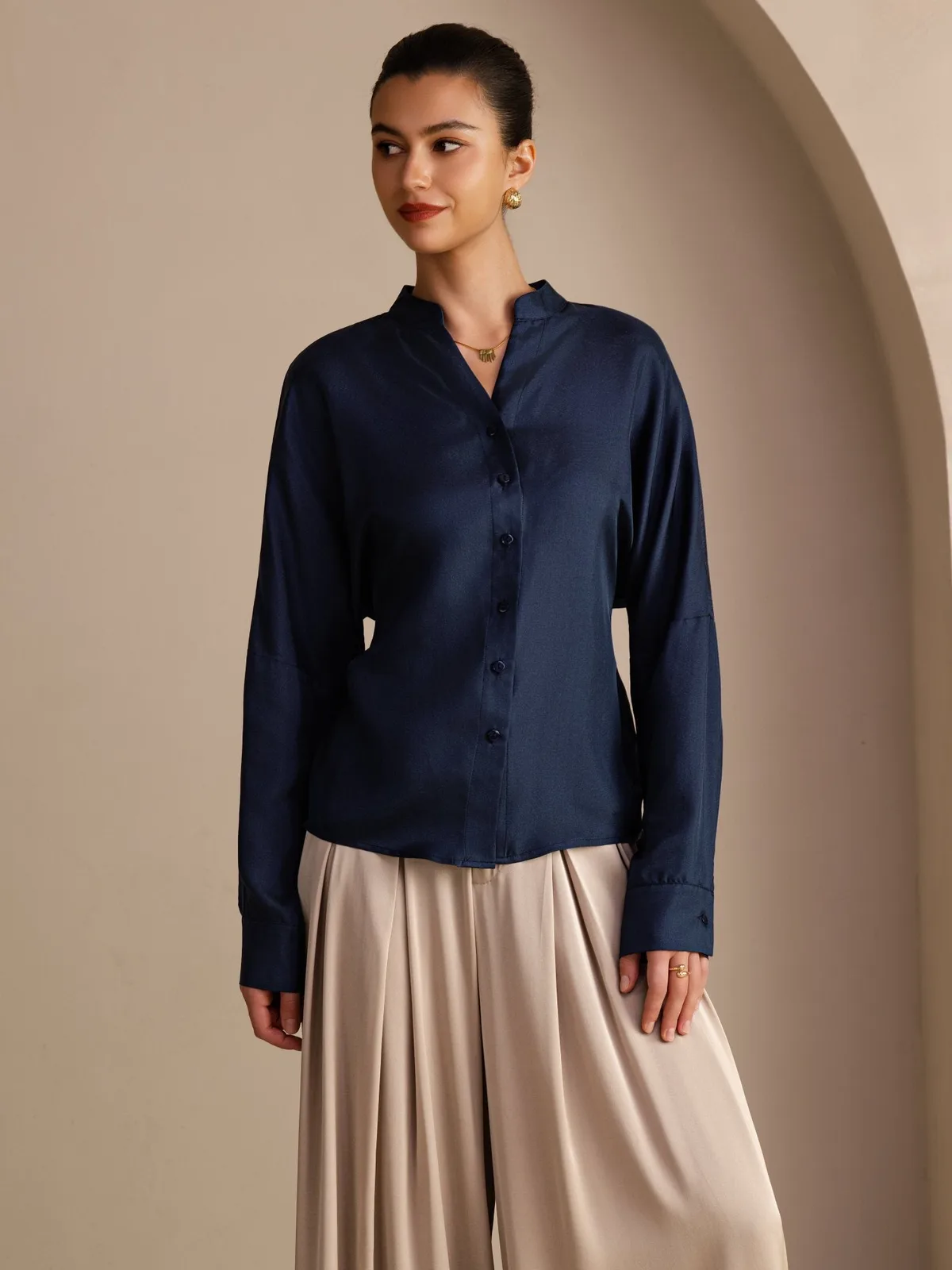 100% Mulberry Silk Women’s Split Neck Long Sleeve Blouse With Drawstring — image 4