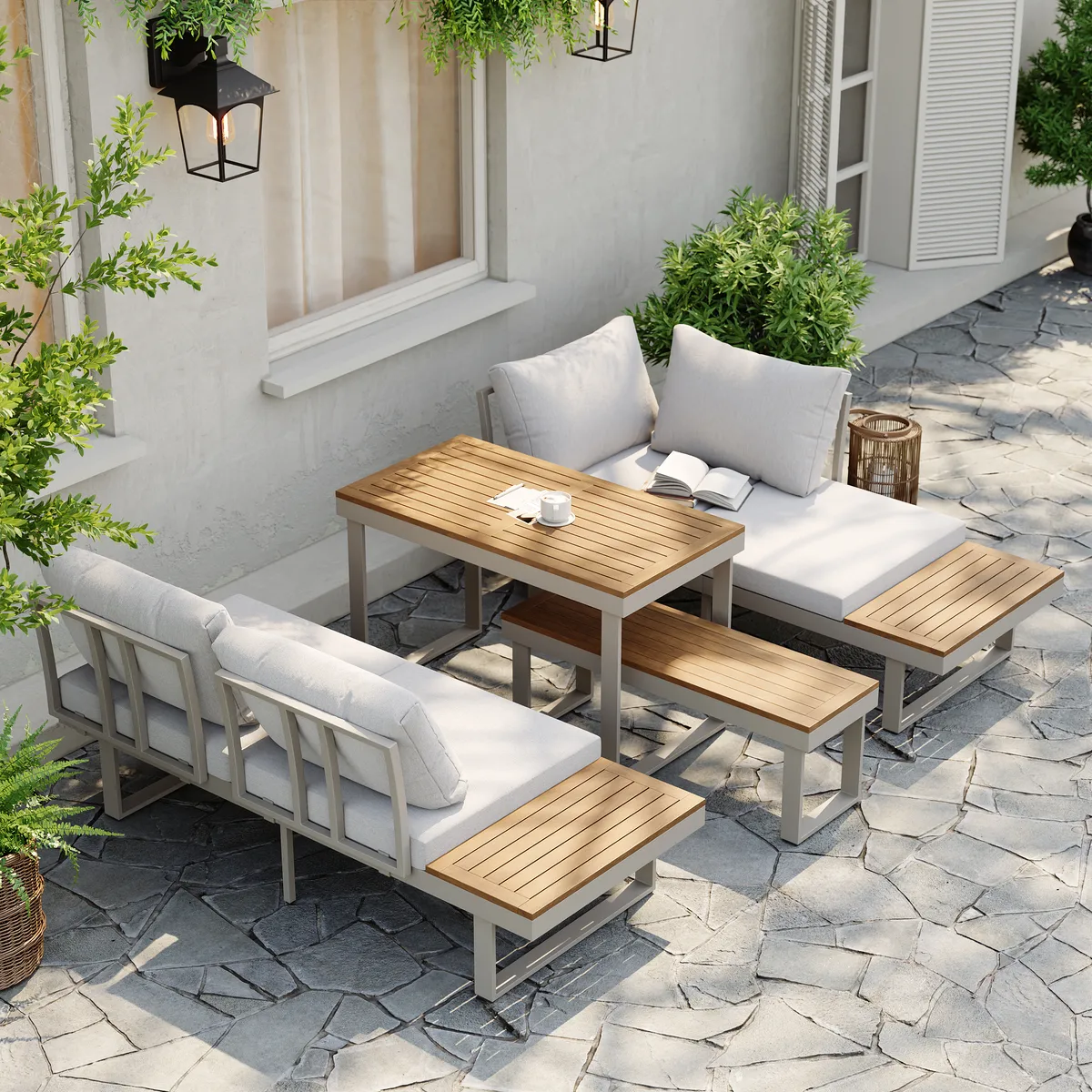 Slatera Outdoor Acacia & Aluminum Modular Sofa Set in Dark Gray with Black Cover — image 7